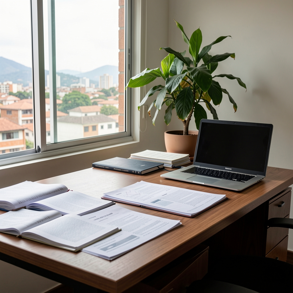 Escritorio editorial en Bogotá con notas de investigación, computador portátil y planta de interior junto a una ventana