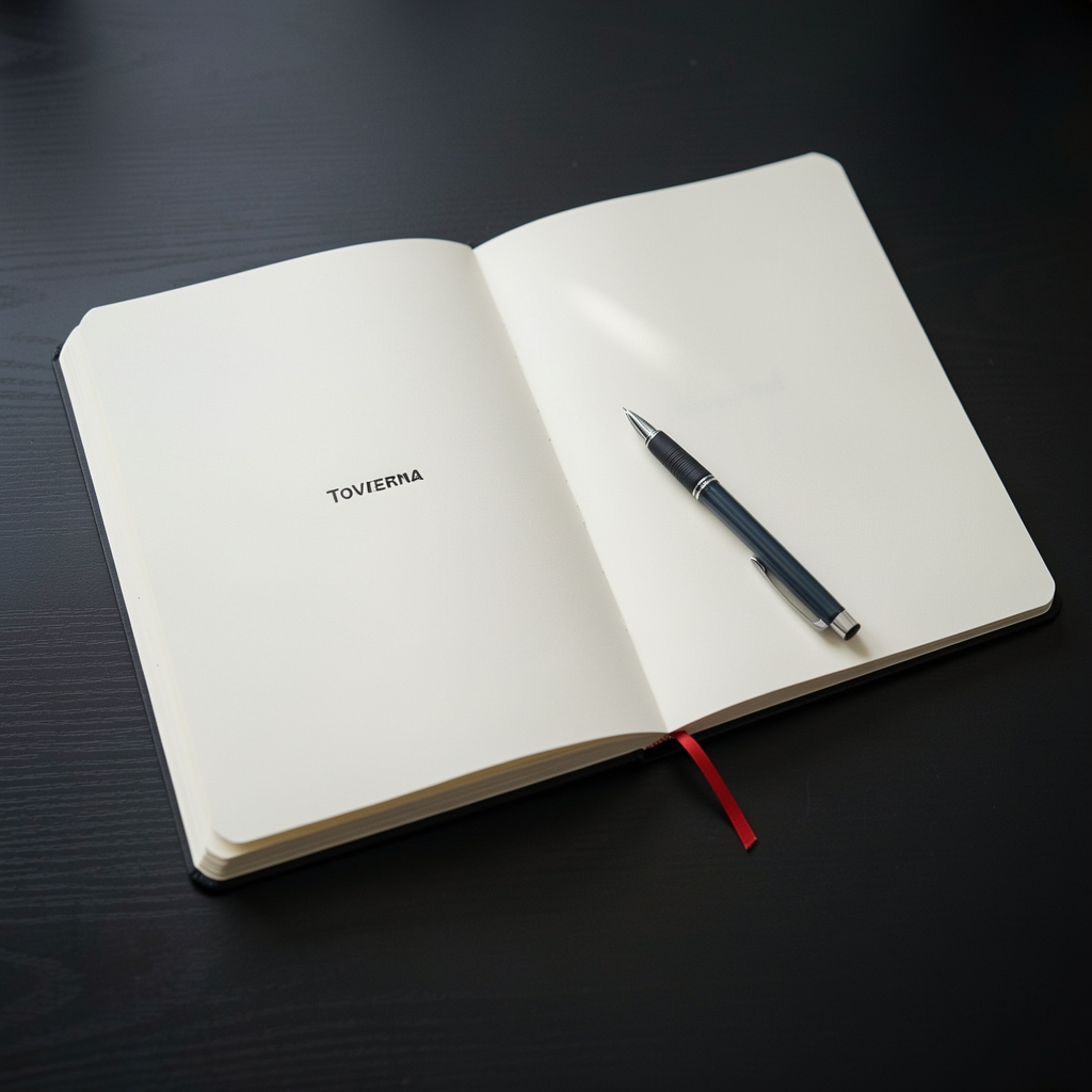 Libreta abierta con dirección de Tolverna y bolígrafo sobre escritorio oscuro