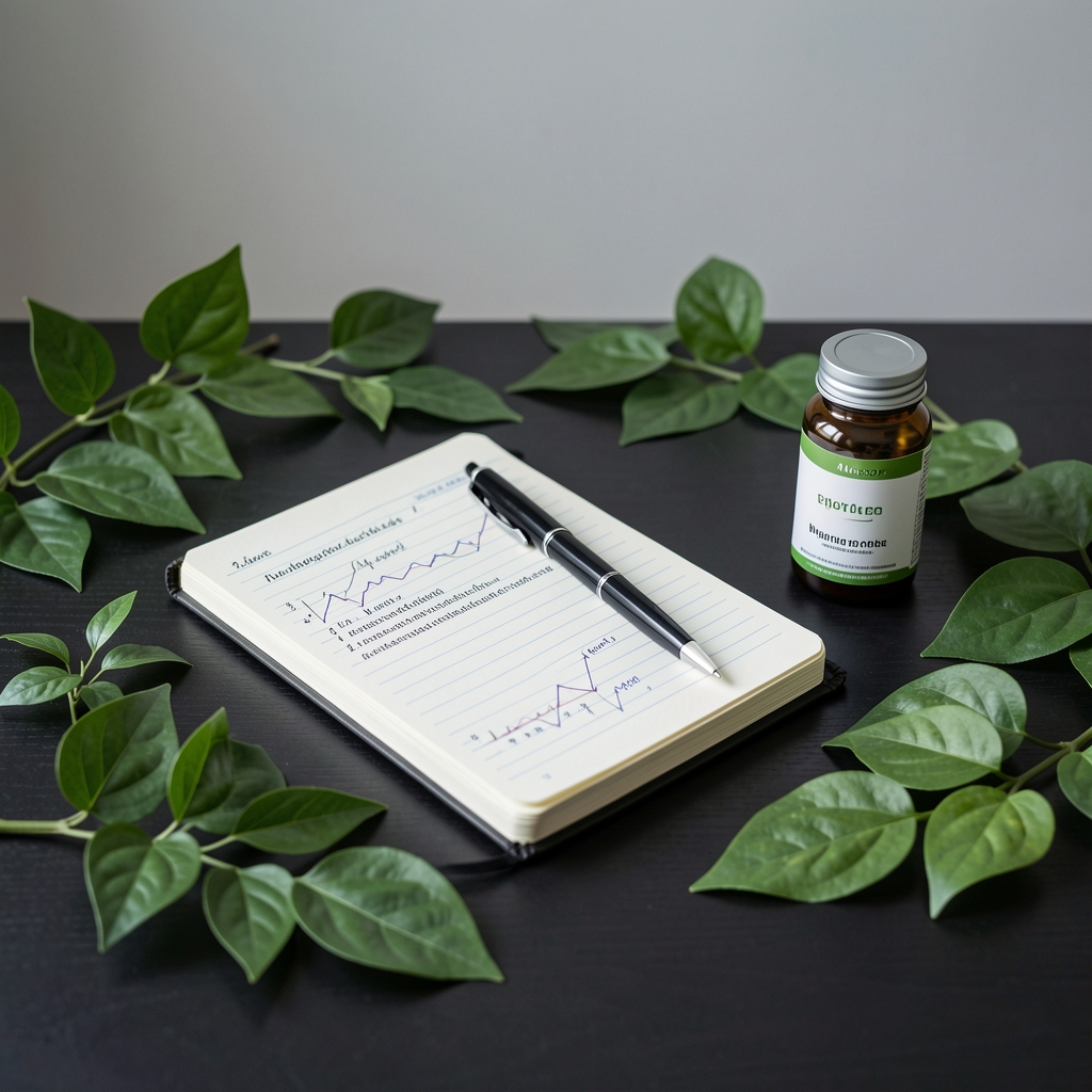 Mesa nórdica oscura con hojas verdes, cuaderno de investigación y frasco de suplemento para bienestar ocular