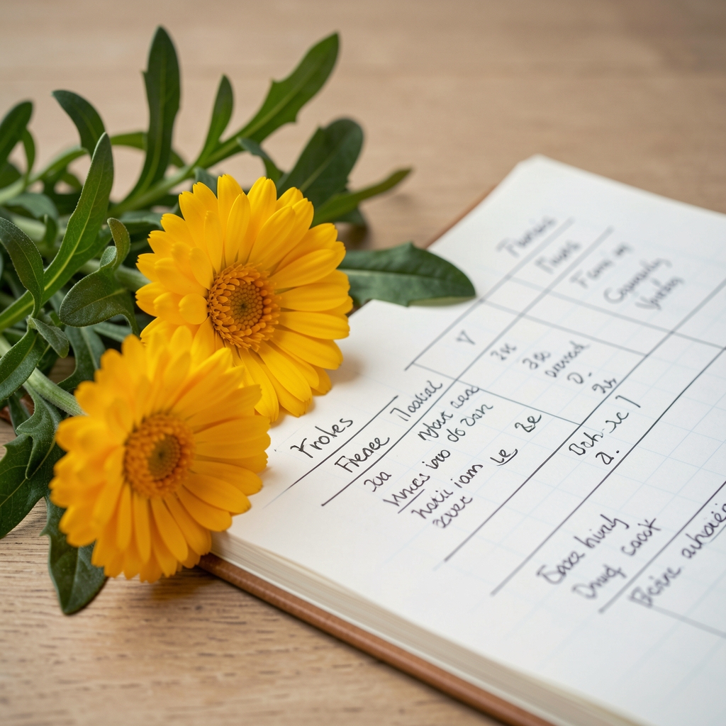 Flores de caléndula amarilla junto a hojas verdes y cuaderno de notas nutricionales