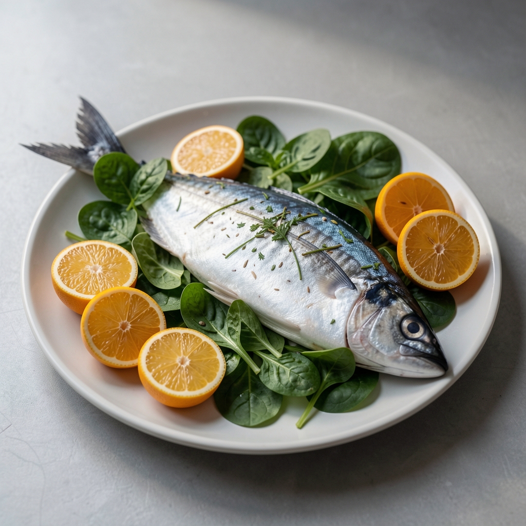 Pescado azul, hojas verdes y cítricos dispuestos en una composición gastronómica sobria