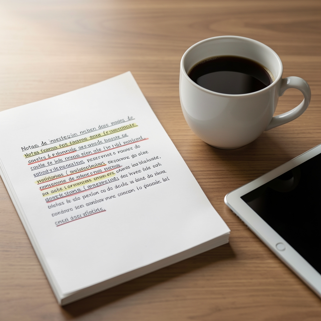 Notas de investigación con referencias subrayadas junto a una taza de café y una tableta